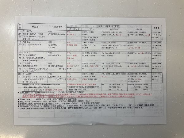 4月の献立です！(後期•小麦アレルギー)裏面
