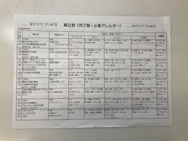 4月の献立です！(完了期•小麦アレルギー)表面