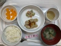 〈完了〉ご飯てりやきハンバーグブロッコリーのツナ和え(畑のきゅうり入ってます！)味噌(畑のキャベツ入ってます！)みかん