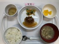 《常食》給食はご飯　おろしハンバーグ　ブロッコリーとしらすの胡麻酢和え　味噌汁　オレンジです