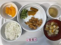 〈常食〉ご飯鶏もも肉のトマトソース煮ブロッコリーの塩茹かぼちゃの素揚げスープみかん