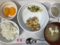 〈常食〉ご飯鶏肉とじゃが芋の甘辛煮大根とツナのサラダ味噌汁みかん